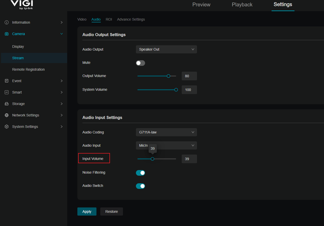 VIGI camera Web UI Audio Input Settings page showing microphone volume settings