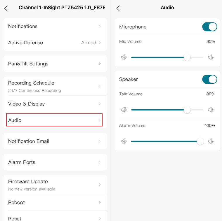 VIGI App Audio page showing microphone volume settings