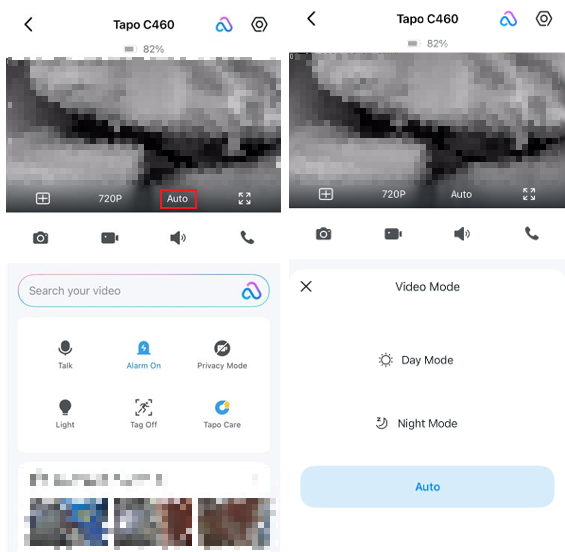Two side-by-side screenshots of Tapo camera interface showing the video mode setting option, including Day Mode, Night Mode and Auto.