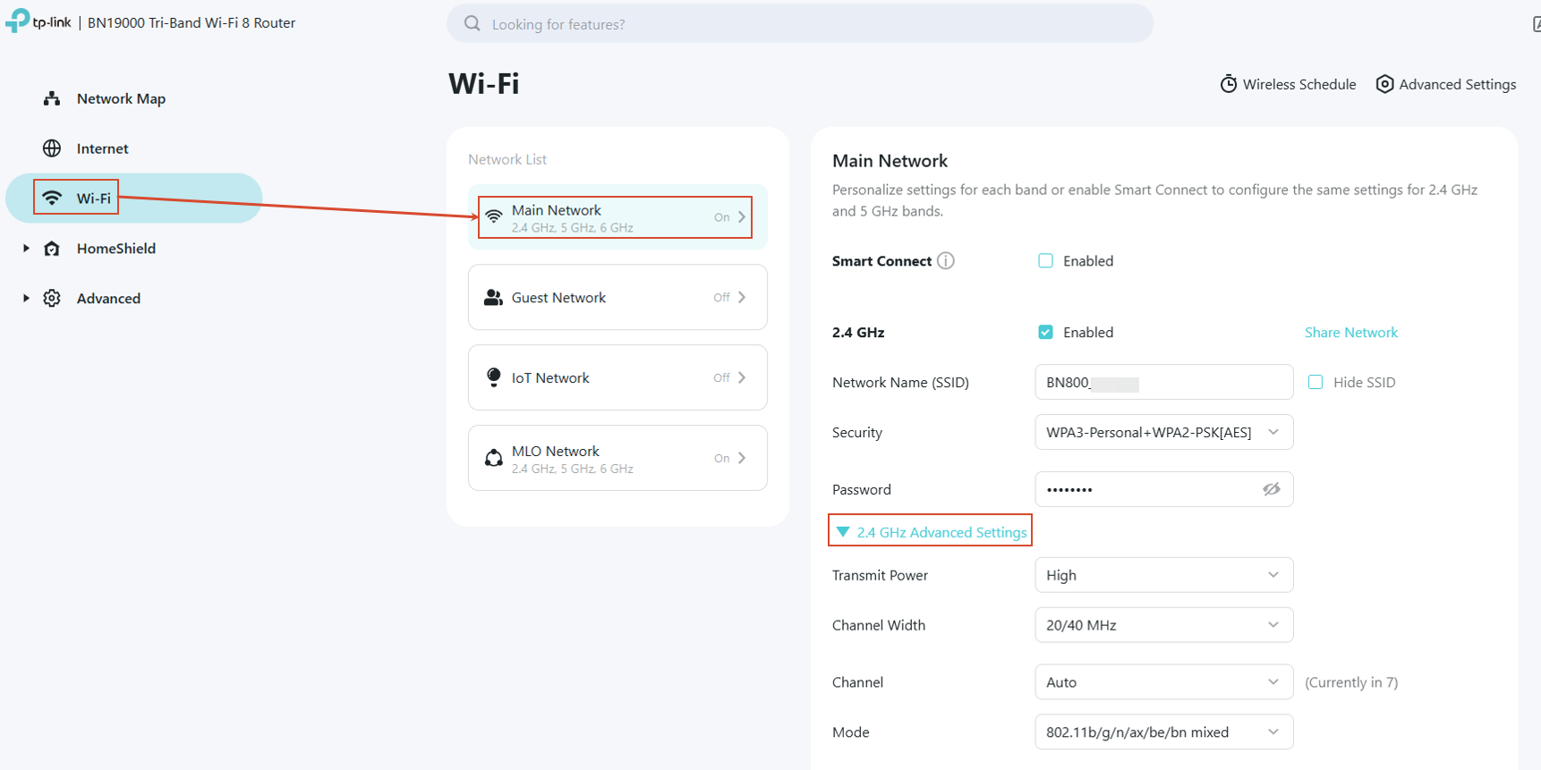 The Main Network page with wireless settings like Smart Connect, 2.4GHz toggle, Hide SSID toggle, name, password, channel, width listed.