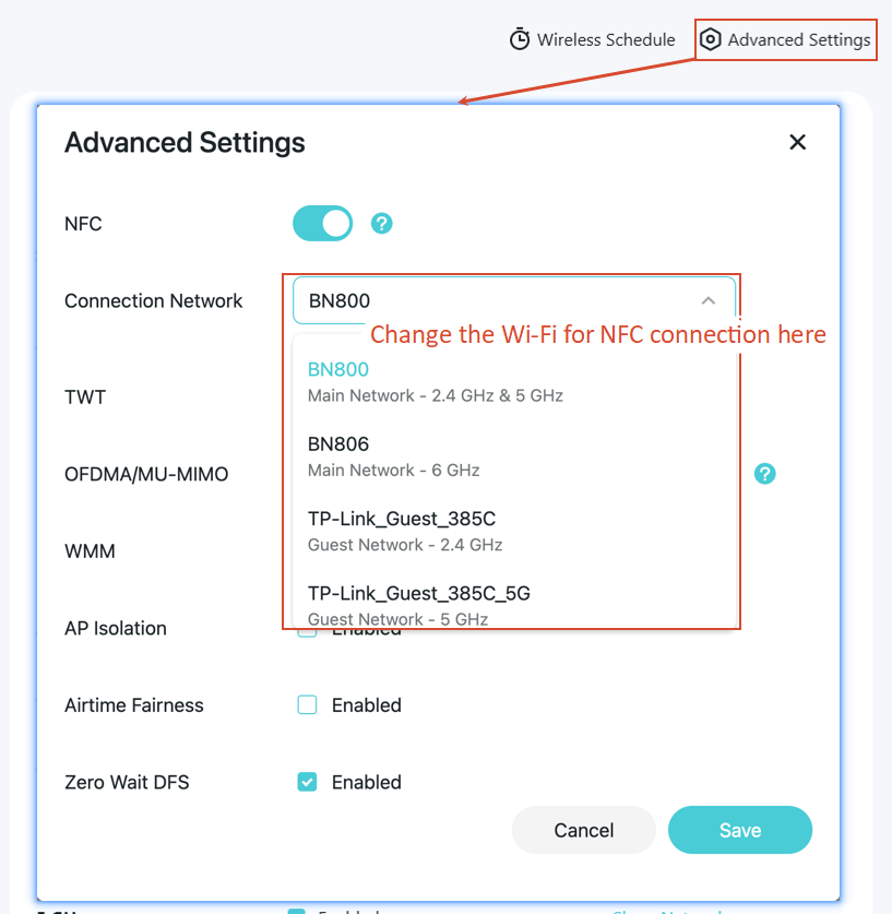 The Advanced Settings page with settings like NFC, AP Isolation listed.