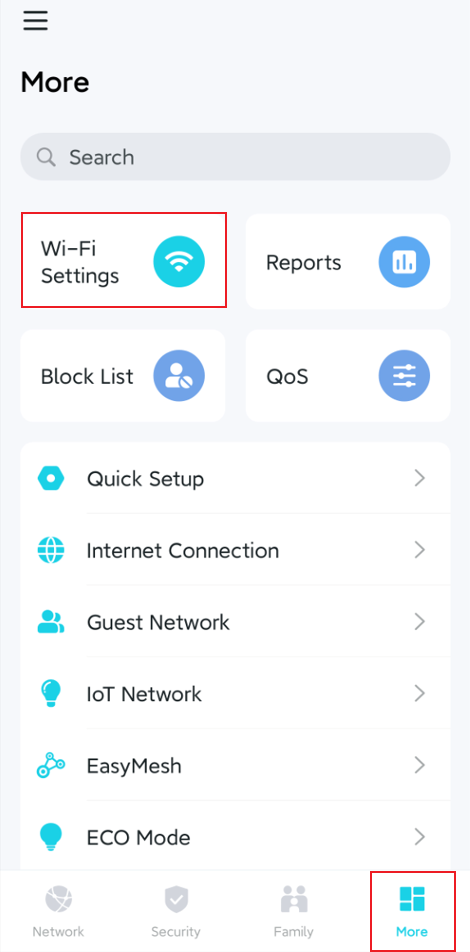 The Wi-Fi Settings position on the More page.