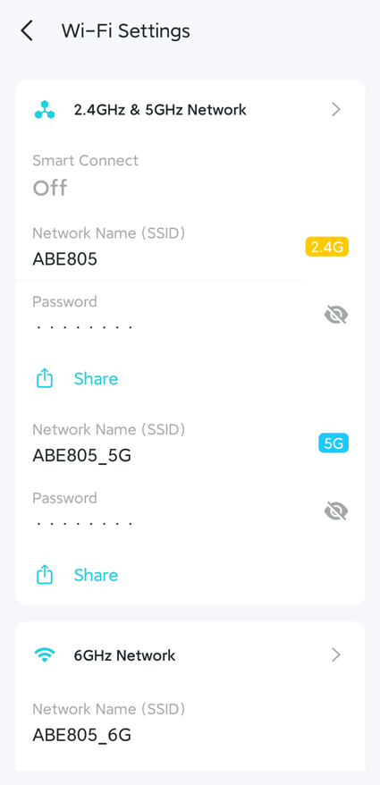 The 2.4 / 5 / 6 GHz Wi-Fi Settings page.