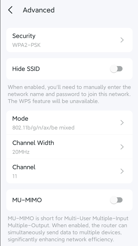 The Advanced Settings page with options like Security, Hide SSID toggle, mode, channel, width, and MU-MIMO listed.