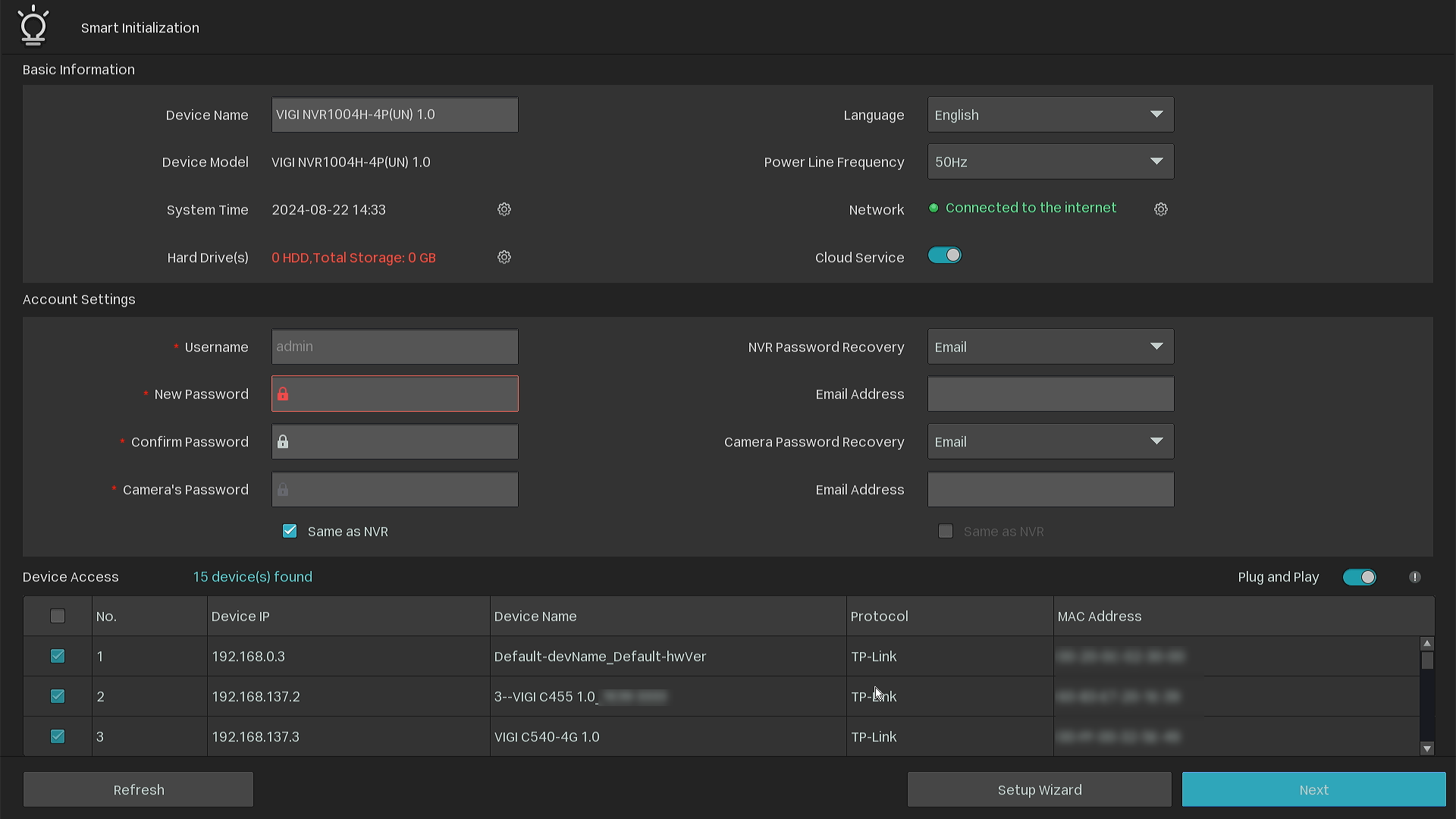 NVR initialization page showing device information, administrator account settings, and camera selection options