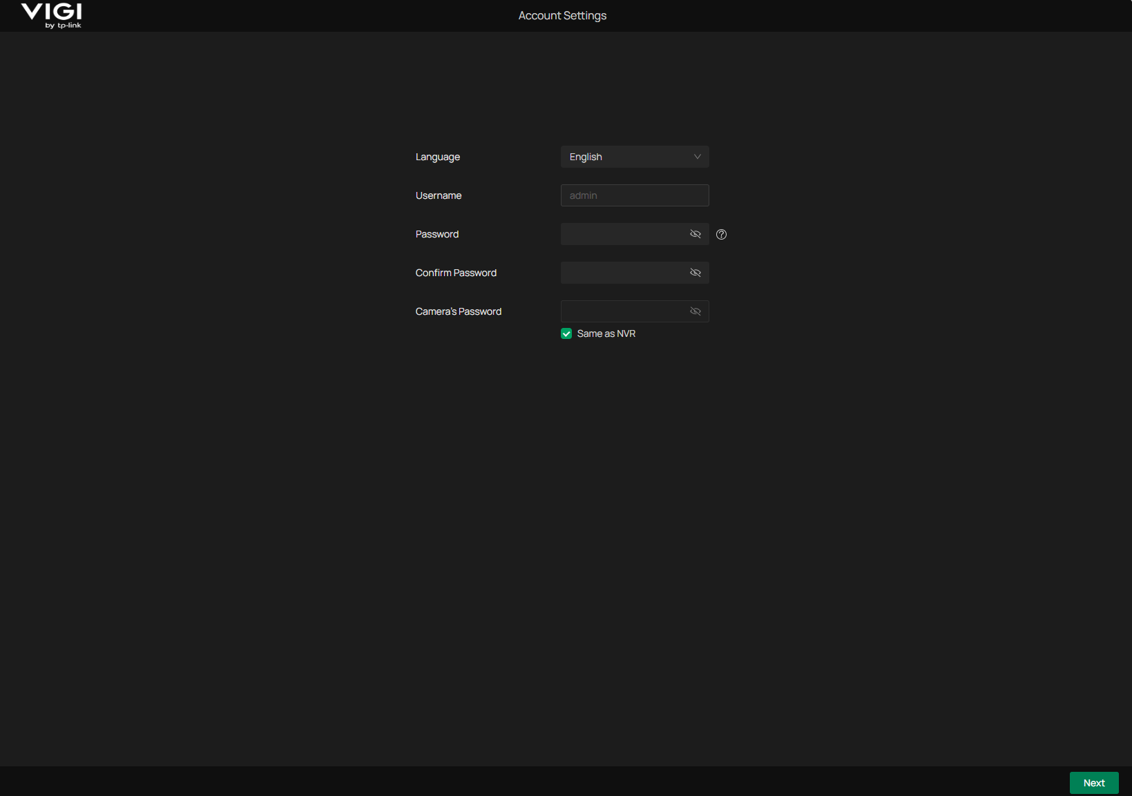 NVR web initialization page showing language selection and administrator password settings