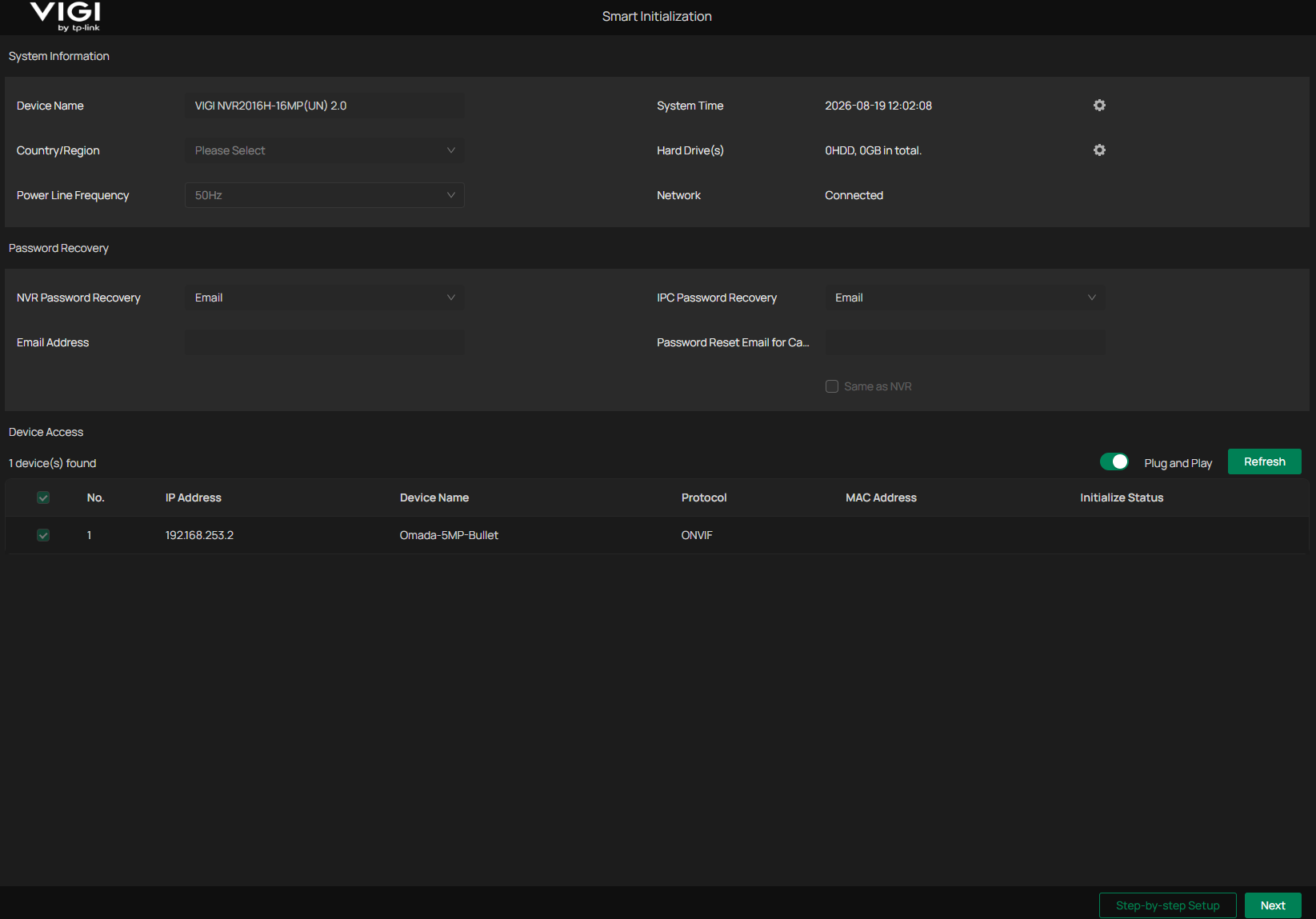 NVR initialization page showing system information, password recovery email, and camera selection settings