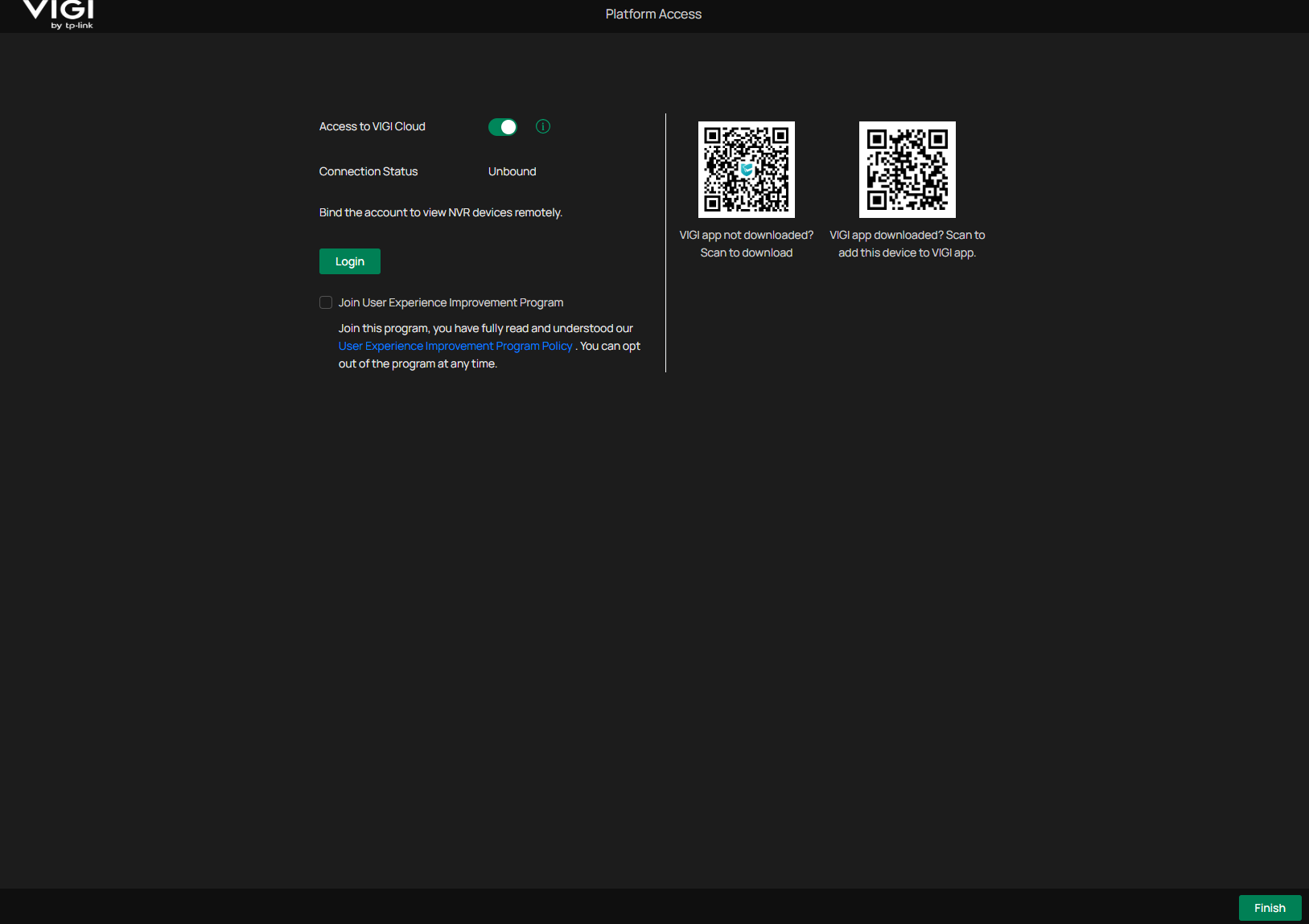 VIGI Cloud Service configuration page during NVR initialization