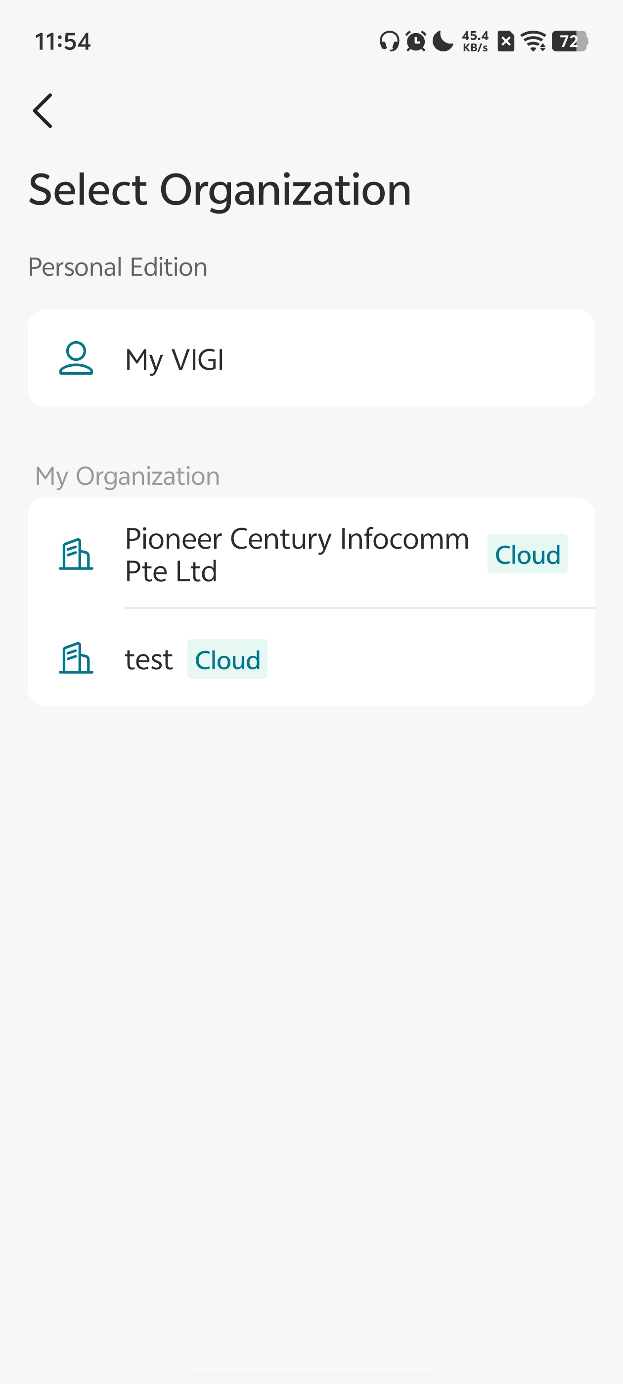 Organization selection page in the VIGI App