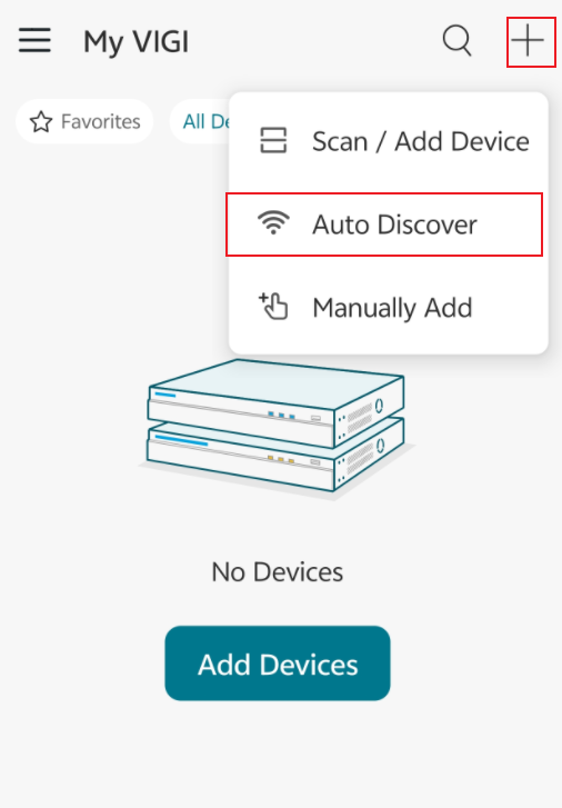 Devices page in the VIGI App showing the Auto Discover option
