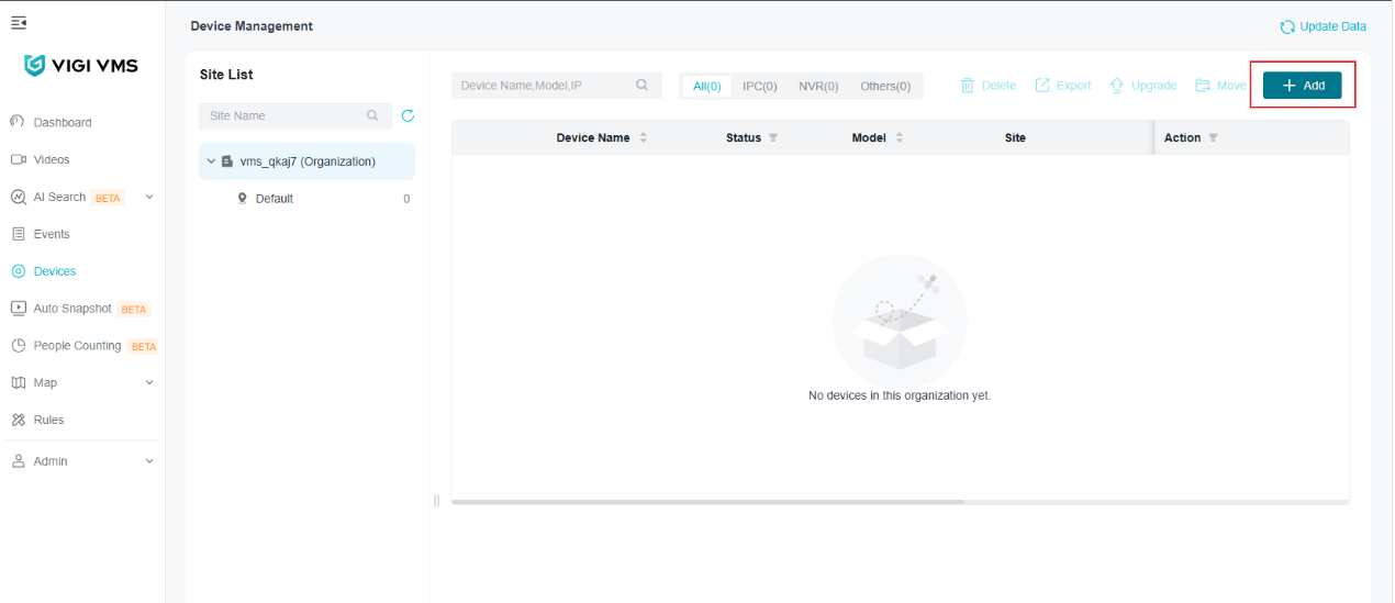 Click Add in Device Management on VIGI VMS