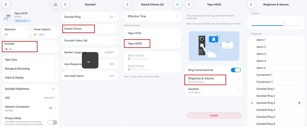 The path to change the Ringtones & Volunme of the connected Tapo Chimes/Hubs.