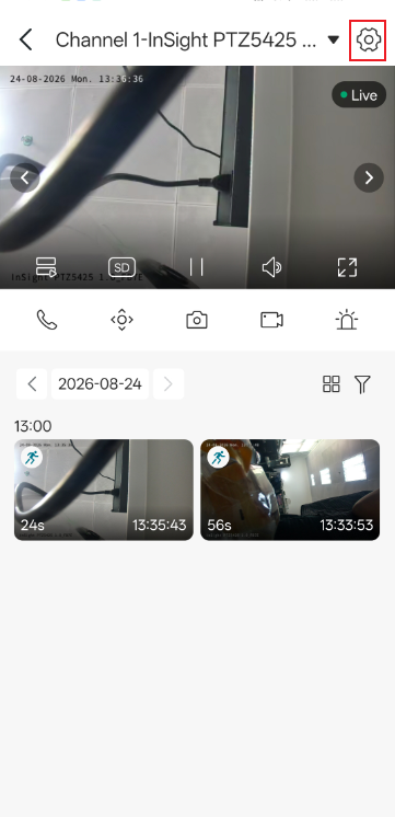 The location of the Settings icon for the camera