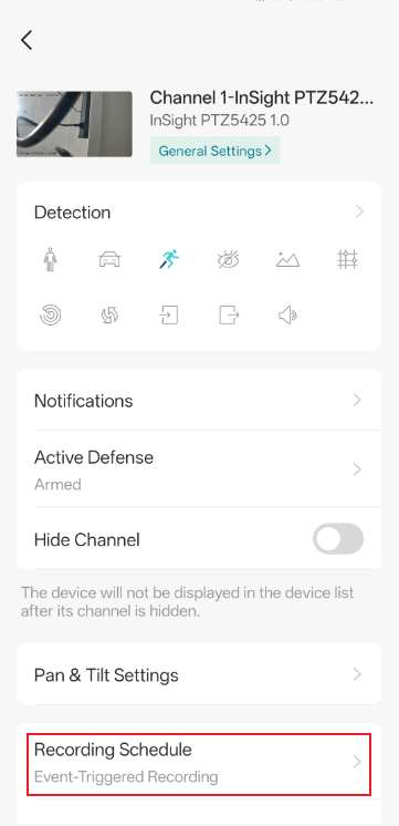The Recording Schedule location on the Settings page of camera
