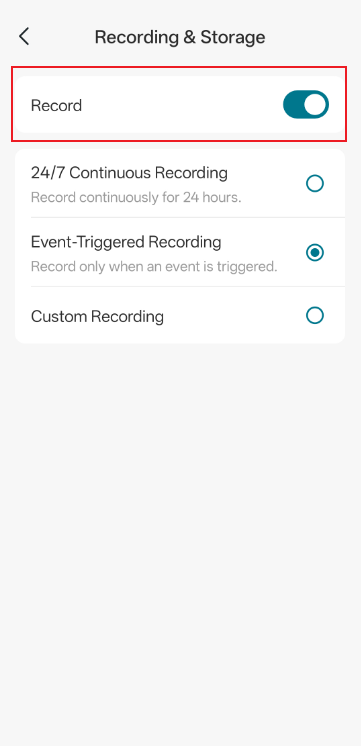 Display three different recording modes available for VIGI cameras