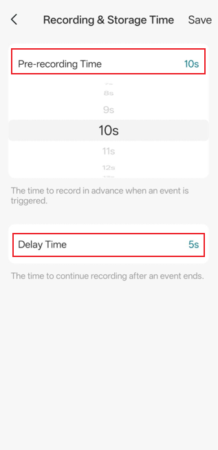Display the Pre-recording Time and Delay Time settings on the Recording & Storage Time page