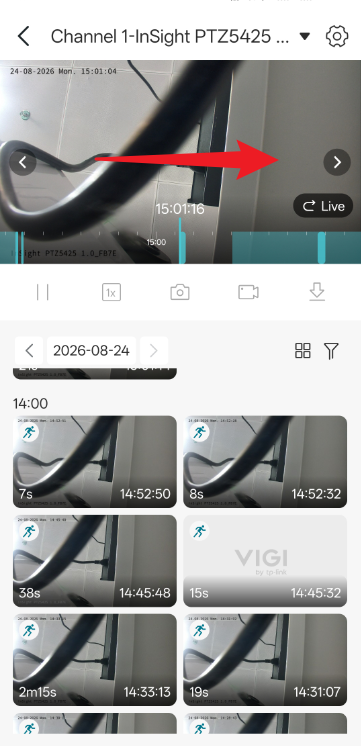 Swiping through the live view screen to jump to a specific recording timestamp