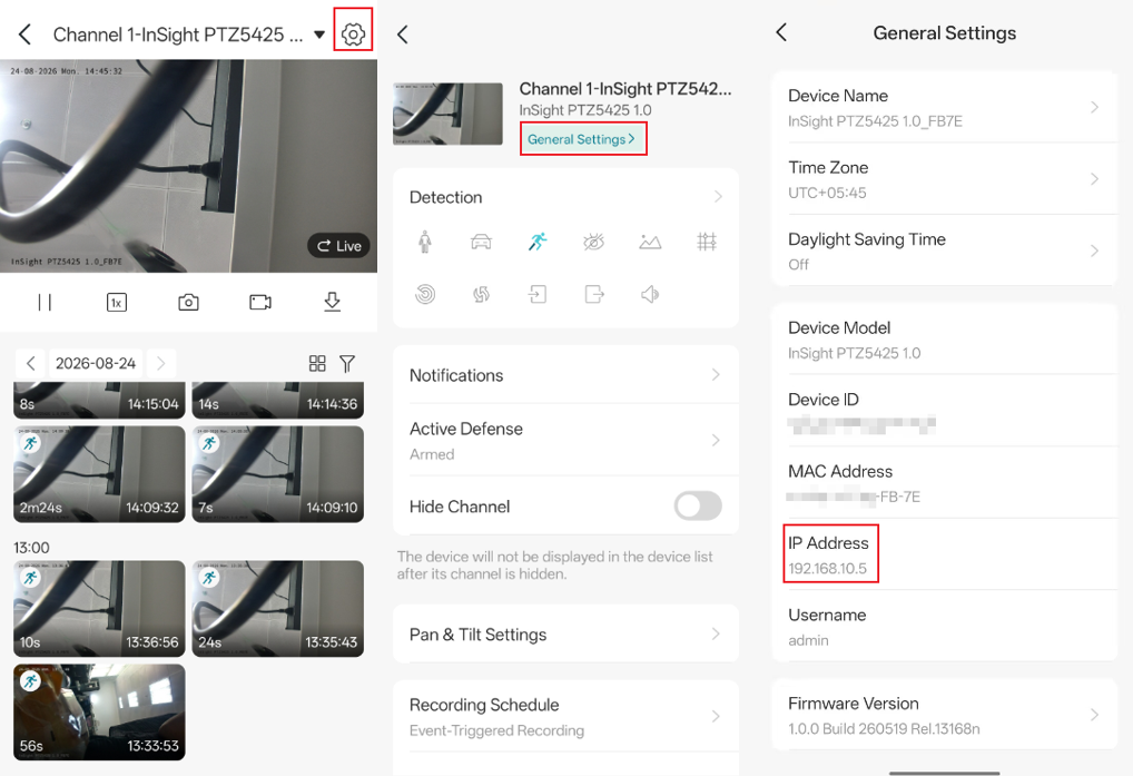 The IP Address location on the General Settings page of the VIGI device