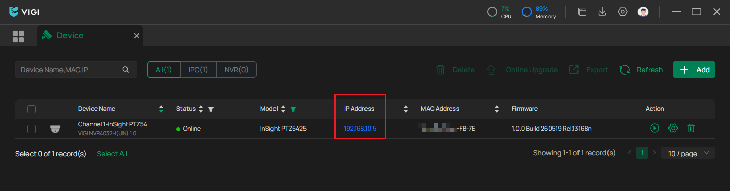 The Device page showing the IP address of the camera