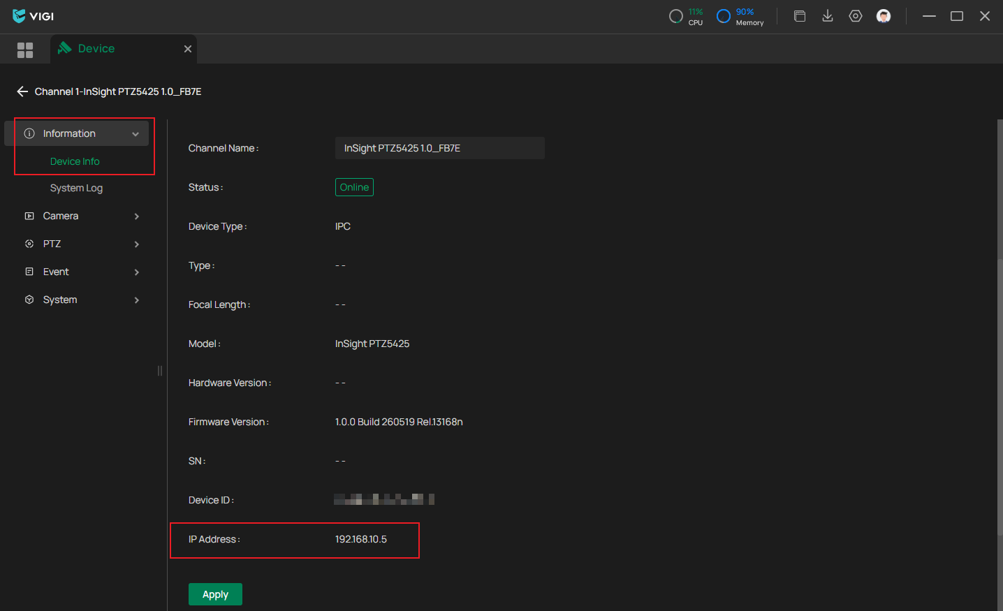 The Device Info page showing the IP address of the camera