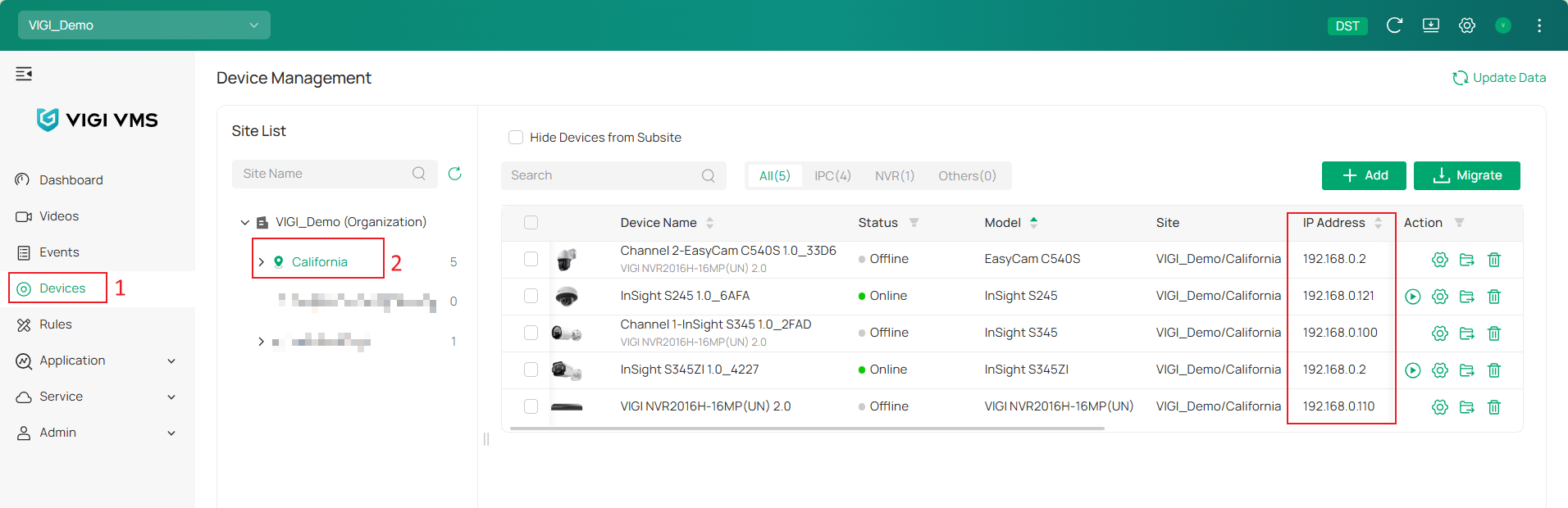 Device page in VIGI Cloud VMS showing the selected Site and the device table displaying the device IP address