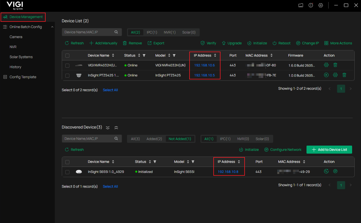 Display the IP addresses of both discovered and added devices in the Device Management page