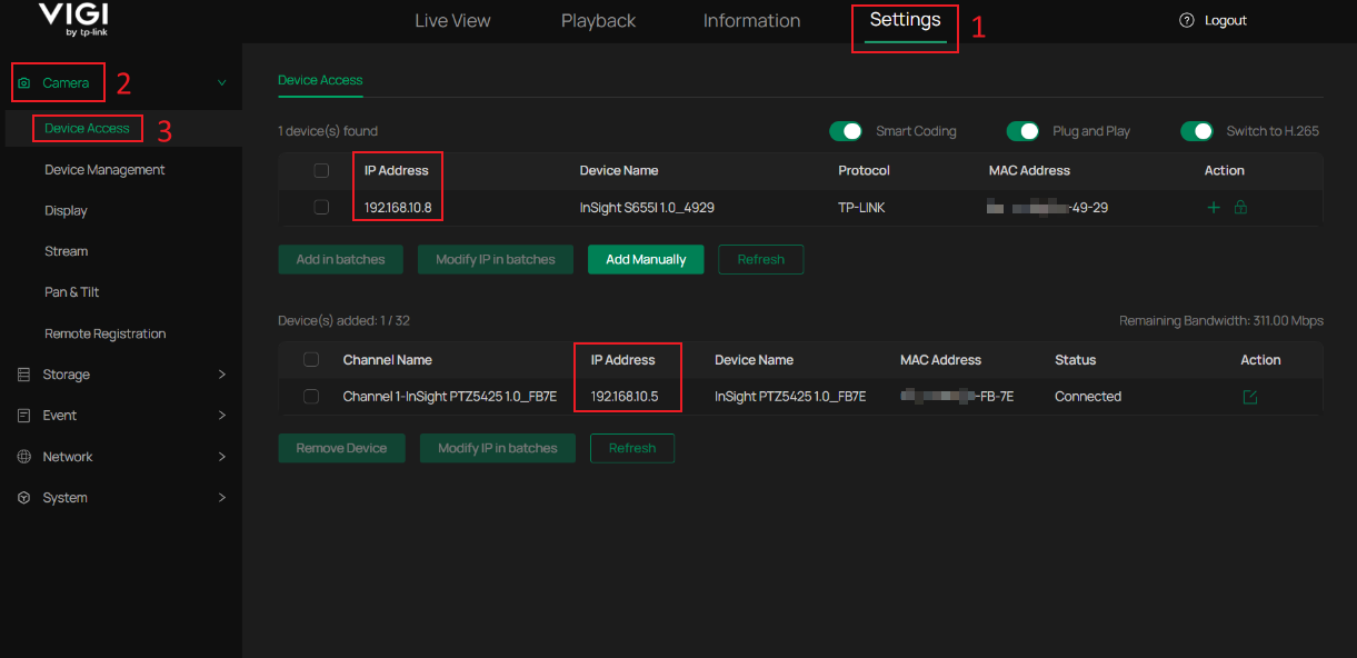 The Device Access page in the NVR Web UI displays the IP addresses of both discovered and added cameras