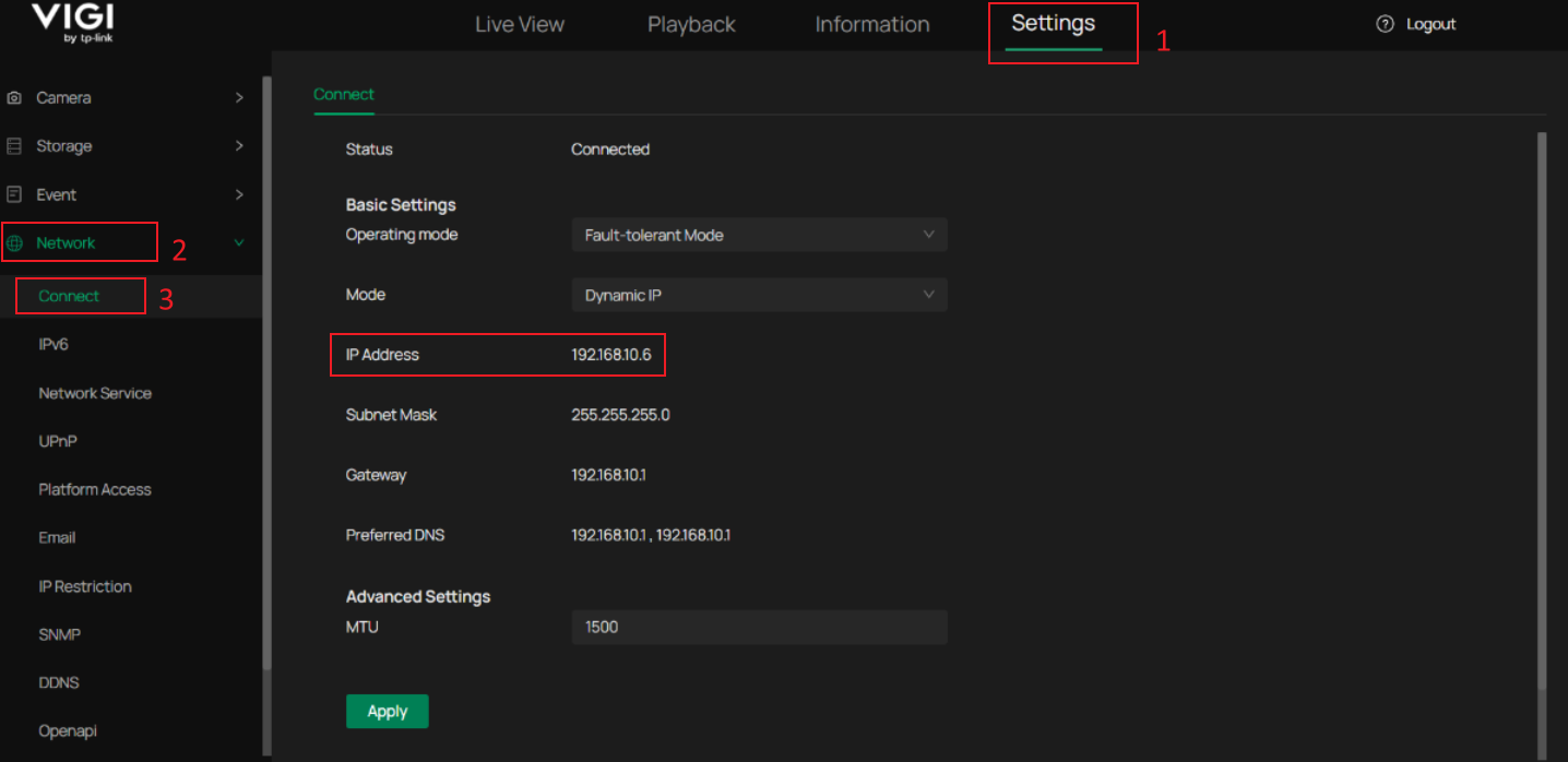 Display the IP addresses of VIGI NVR in the Connect page