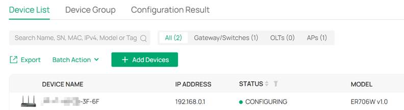 The device remains in the CONFIGURING status