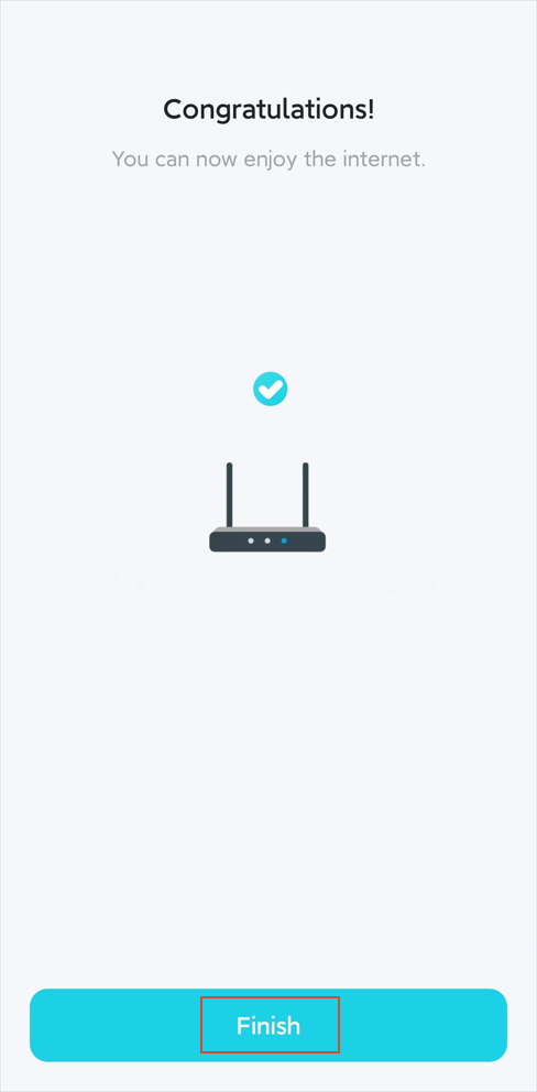 A quick setup interface says Congratulations and provides a Finish button.