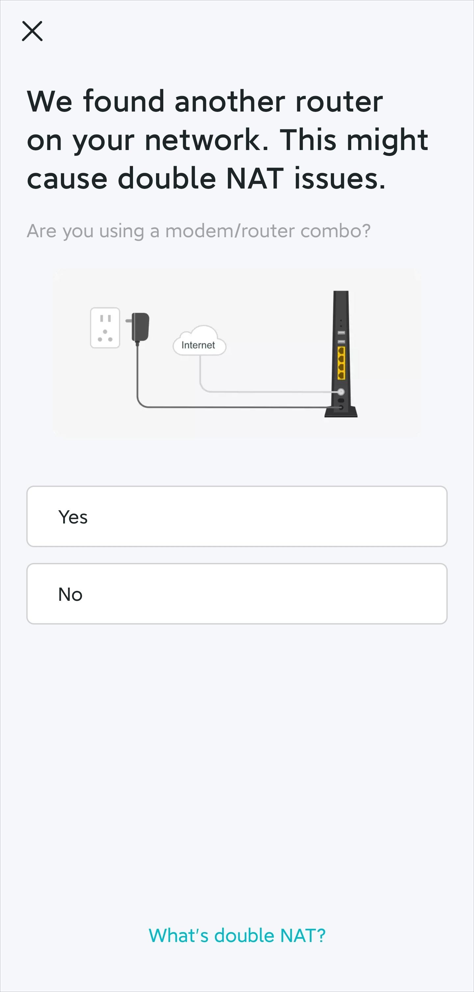 A quick setup interface asking if you're using a modem/router combo with three options: Yes, No, and What’s double NAT.