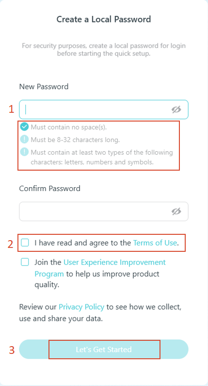 The login page asks you to create a local password,