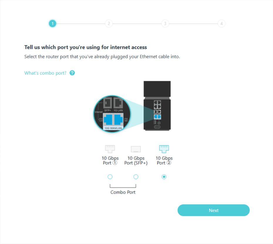 A quick setup interface with three ports to be selected as the Internet port and a Next button.