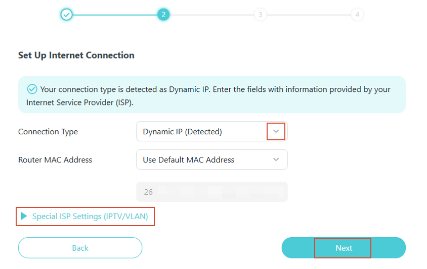 A quick setup interface with Dynamic IP selected as the Connection Type, a Special ISP settings option, and two buttons: Back, Next.