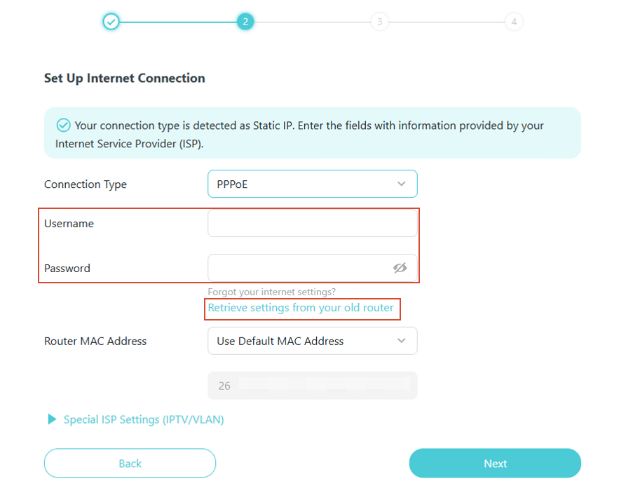 A quick setup interface with PPPoE selected as the Connection Type, a username box, a password box, and a retrieve settings from your old router option.