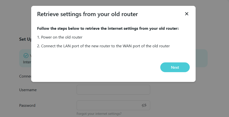 Instructions for retrieving settings from your old router with a Next button.
