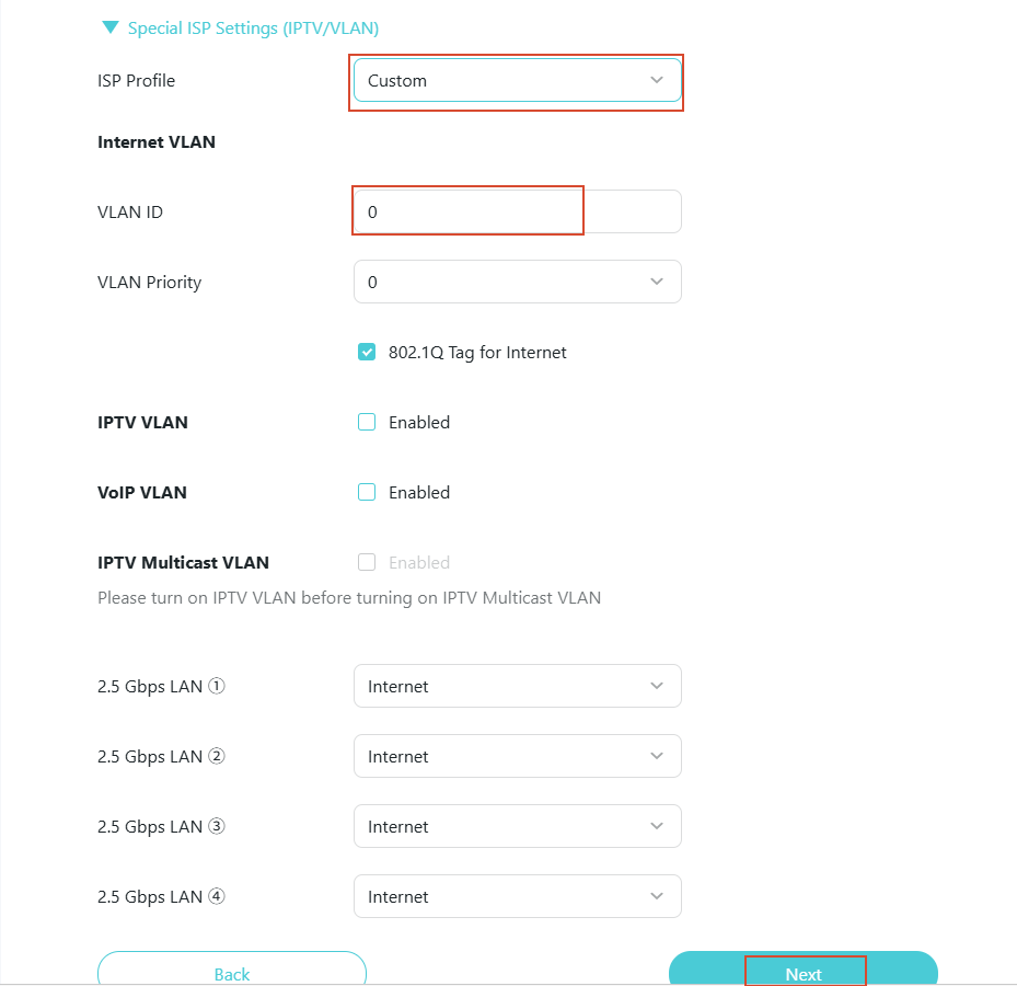 An IPTV/VLAN interface with Custom selected as the mode, an Internet VLAN ID box, and a Next button.