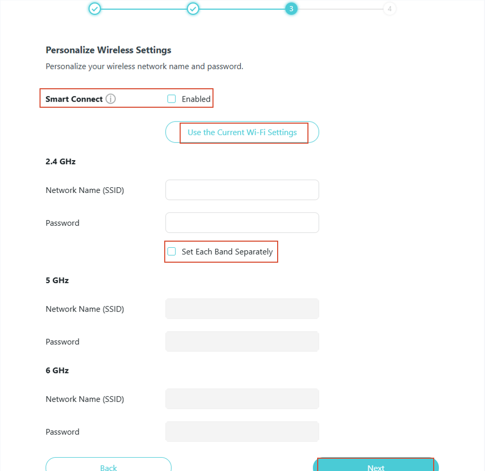 A quick setup interface with a Smart Connect toggle, Wi-Fi name and password boxes for 2.4G, 5G, and 6G, and two buttons: Use the Current Wi-Fi Settings, Next.