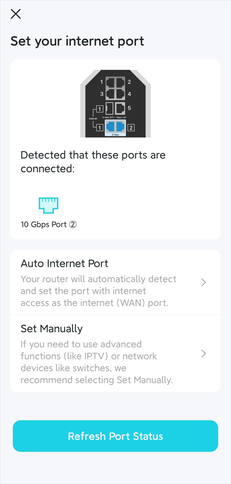 A quick setup interface asking you to set your Internet port with three options: Auto Internet Port, Set Manually, or Refresh Port Status.