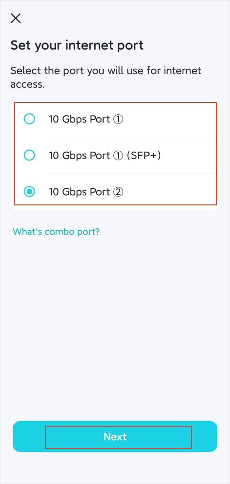The Set Manually interface with three 10Gbps ports to be selected and a Next button.