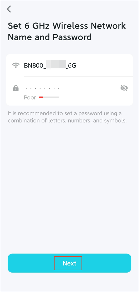 A quick setup interface with Wi-Fi name and password boxes for 6G.