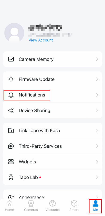 Tap Me button in the Tapo app bottom right corner, then select Notifications.