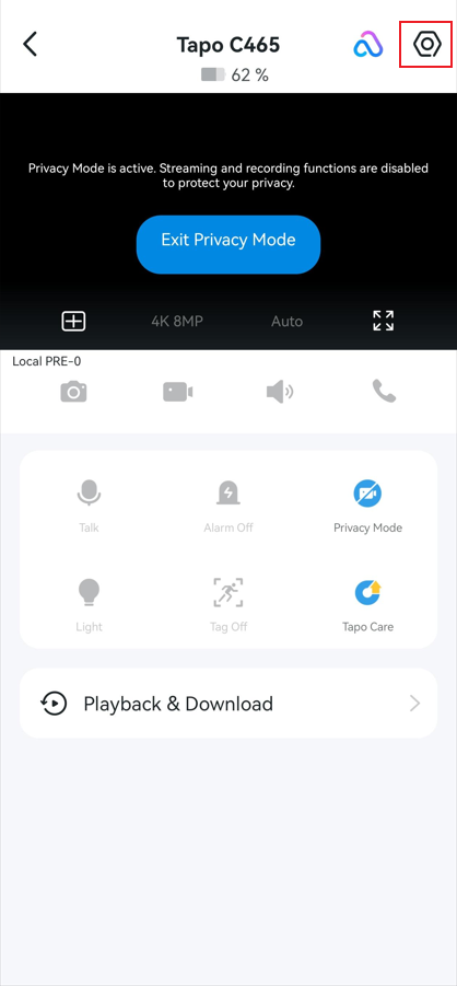 Tap the gear icon in the top right corner of the camera live view page.