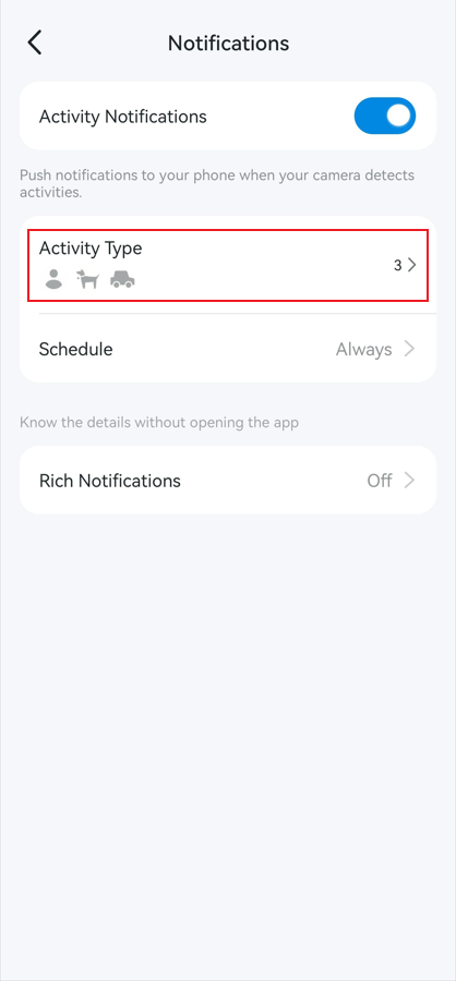 Enable Activity Notifications and Rich Notifications as per your desire, tap Activity Type.