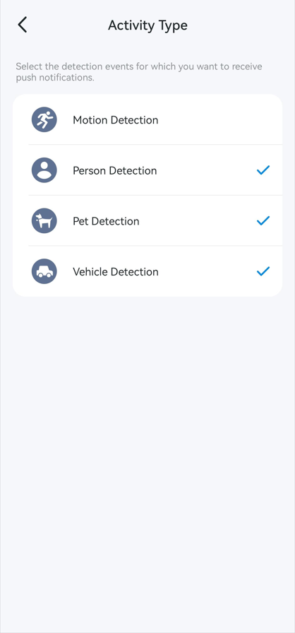 Select the detection events for which you want to receive push notifications.