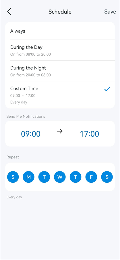 Set the time period to receive the push notifications.