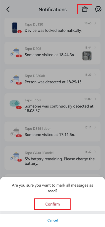 Tap the delete icon, then confirm to mark all messages as read.
