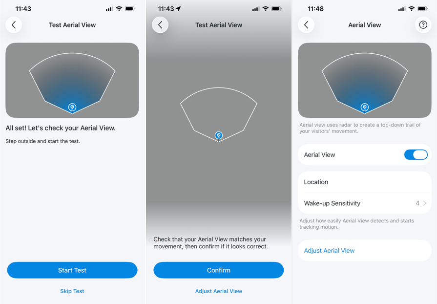 The path to test Aerial View and adjust wake-up Sensitivity.