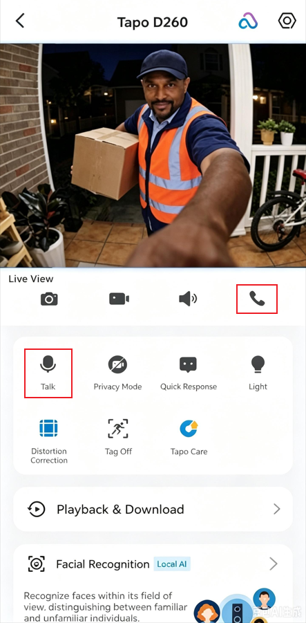 Tap the Talk or voice call button from the doorbell live view page.