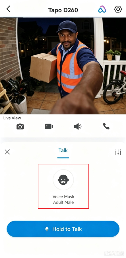 Tap Voice Mask and select Adult Male after tapping the Talk button.
